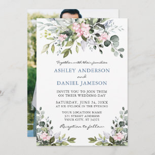 Invitation Aquarelle vert rose Dusty bleu Mariage photo