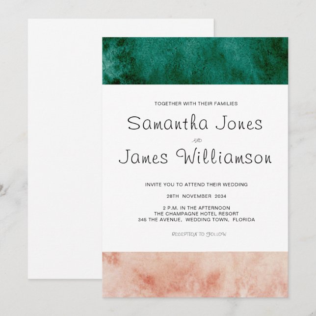 Invitation Aquarelle Vert rose rose rose Formel Mariage moder (Devant / Derrière)