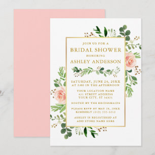 Invitation Aquarelle Vert rose Roses Fête des mariées Or