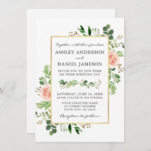 Invitation Aquarelle vert rose Roses or Mariage photo