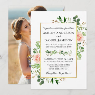 Invitation Aquarelle vert rose roses Photo Retour Mariage