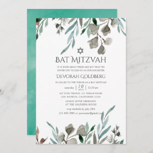Invitation Aquarelle vert rustique Bat mitzvah d'hiver