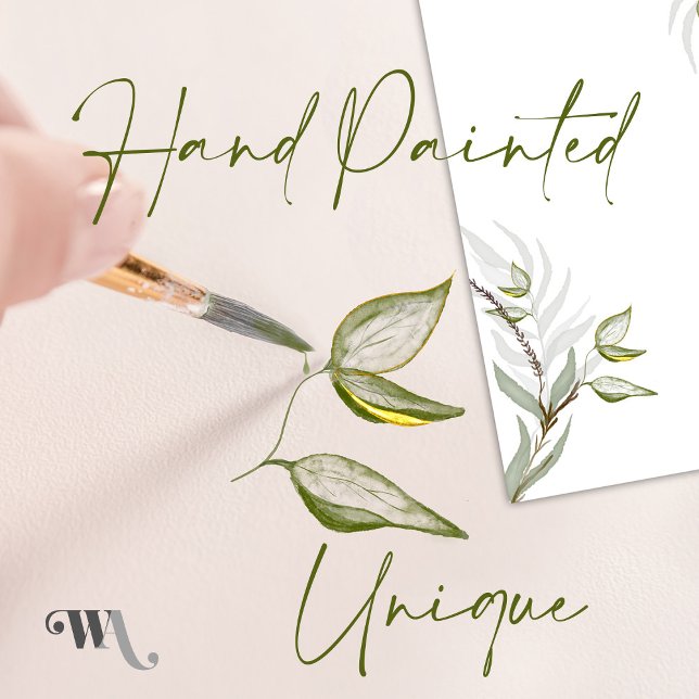 Invitation Aquarelle Vert Sauge et Feuillage Doré  (Unique watercolor hand painted design)
