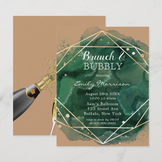 Invitation Aquarelle Vert Tan Or Brunch & Bubbly (Devant / Derrière)