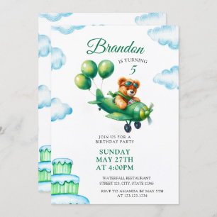 Invitation Aquarelle vert Teddy Bear Avion 5e anniversaire