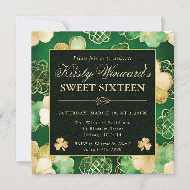 Invitation Aquarelle Vert & Trèfle Doré Sweet 16 (Devant)