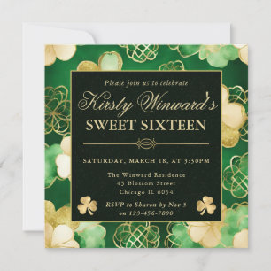 Invitation Aquarelle Vert & Trèfle Doré Sweet 16