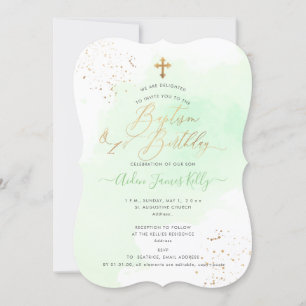Invitation Aquarelle verte à la menthe Baptême+1er anniversai