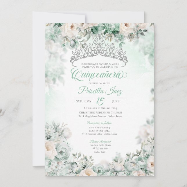 Invitation Aquarelle verte à la menthe Elegant Floral Quincea (Devant)