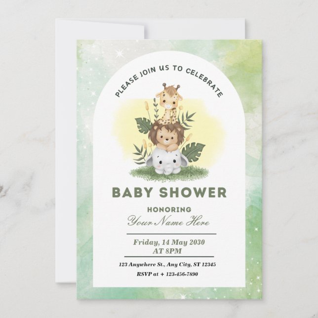 Invitation Aquarelle verte Animaux Baby shower Garçon (Devant)