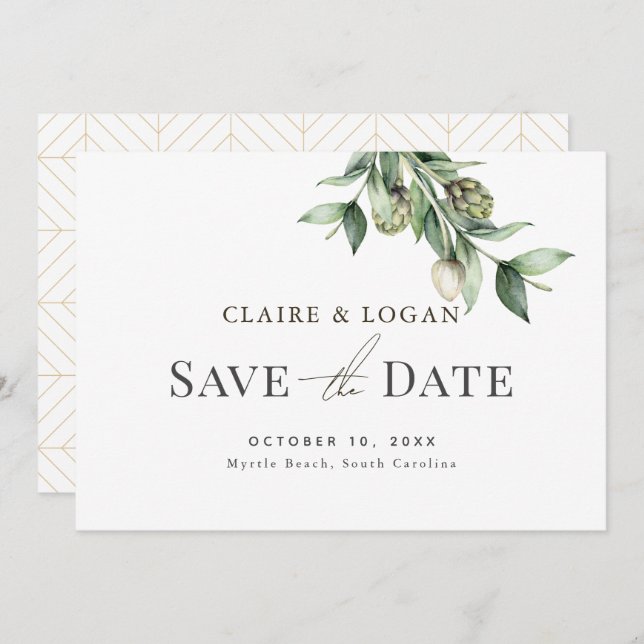 Invitation Aquarelle verte Artichoke Vert Enregistrer la date (Devant / Derrière)