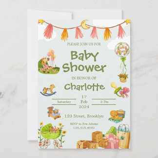 Invitation Aquarelle verte Baby shower d'animaux colorés