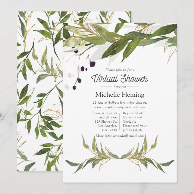 Invitation Aquarelle verte Baby shower virtuel (Devant / Derrière)