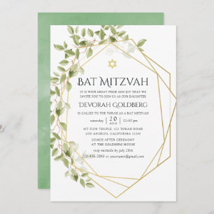 Invitation Aquarelle verte Bat mitzvah géométrique