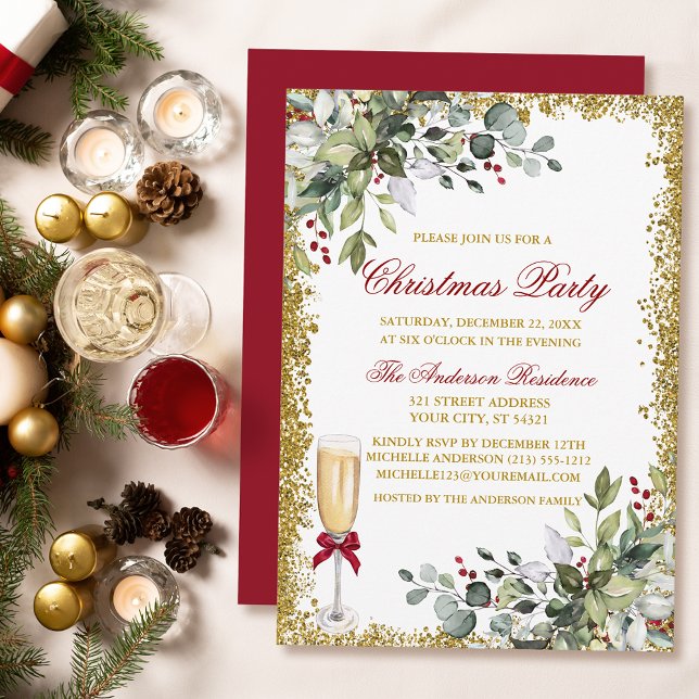 Invitation Aquarelle verte Berries Fête de Noël rouge (Customize to change text color, size, style or to change color of back of card.)