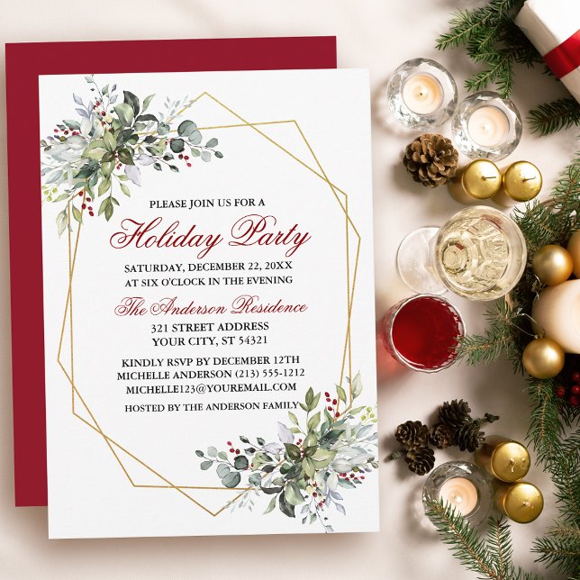 Invitation Aquarelle verte Berries Fête Rouge (Customize to change text color, size, style or to change color of back of card.)