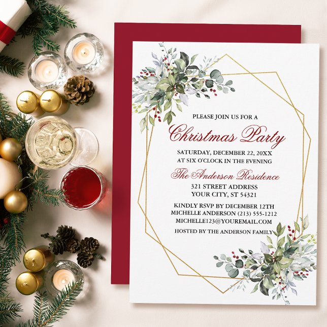 Invitation Aquarelle verte Berries Noël Fête Rouge (Customize to change text color, size, style or to change color of back of card.)