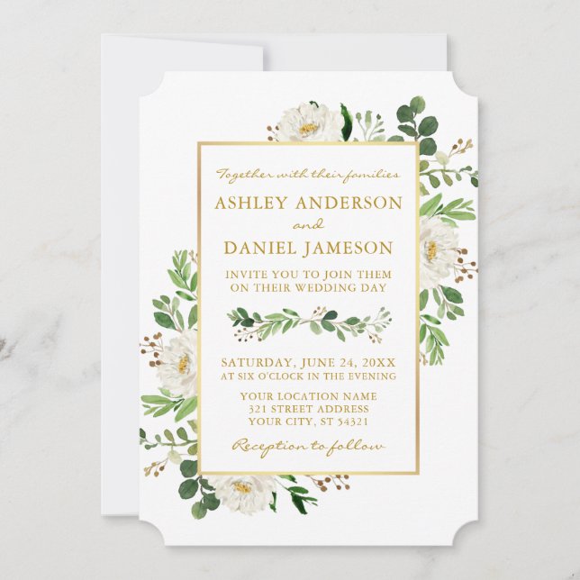 Invitation Aquarelle verte Blanc Floral Mariage or (Devant)