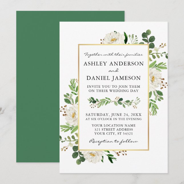 Invitation Aquarelle verte Blanc Floral Mariage or (Devant / Derrière)