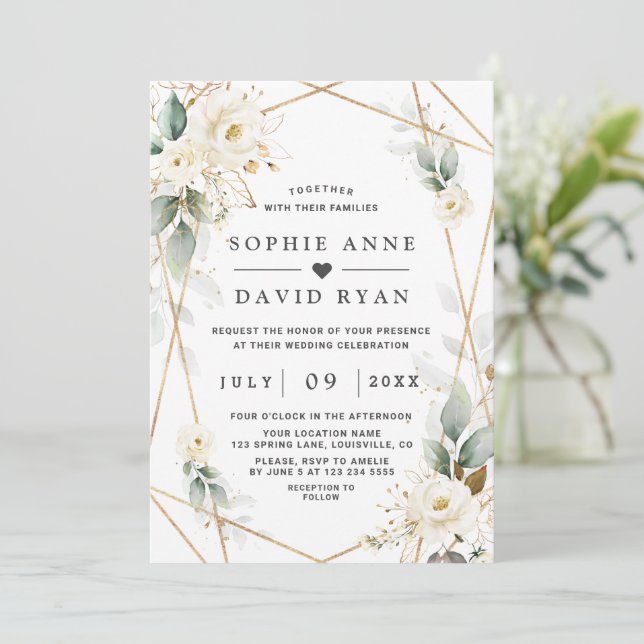 Invitation Aquarelle verte Blanc Floral Mariage or (Debout devant)