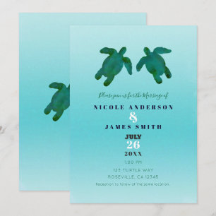 Invitation Aquarelle verte bleue Océan Tortues de mer Mariage