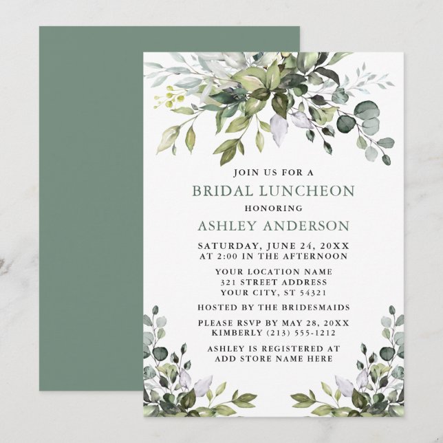 Invitation Aquarelle verte Bridal Luncheon Sage Green (Devant / Derrière)