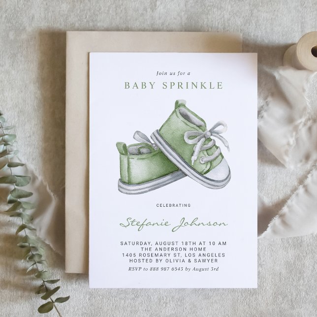 Invitation Aquarelle verte Chaussures pour bébé Sprinkle (Créateur téléchargé)