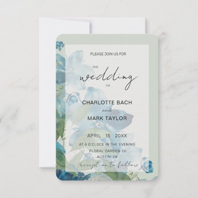 Invitation Aquarelle verte Chic Bleu Sage Floral (Devant)