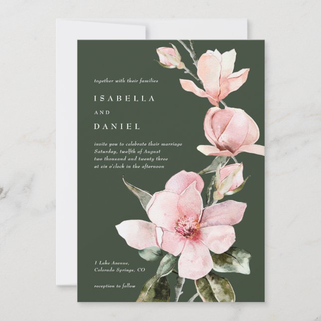 Invitation Aquarelle verte classique Magnolia Mariage (Devant)