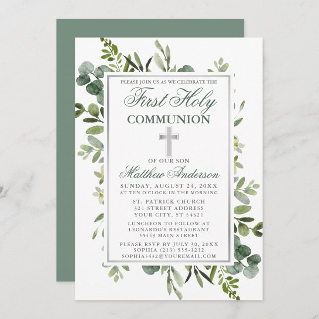 Invitation Aquarelle verte Communion Argent Sage Vert (Devant / Derrière)
