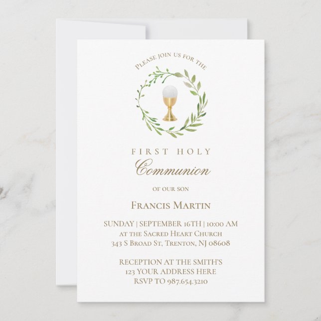 Invitation aquarelle verte couronne première communion sainte (Devant)