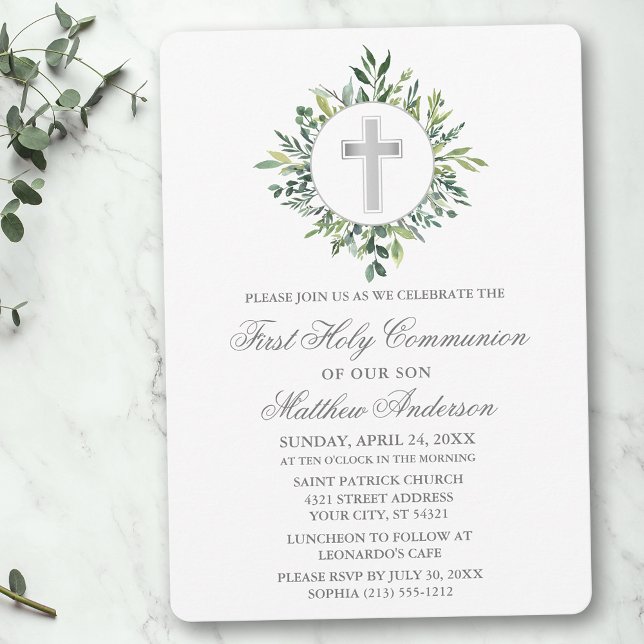 Invitation Aquarelle verte Croix d'argent Première communion (Customize to change text color, size, style or to add photos or more text to back of card.)