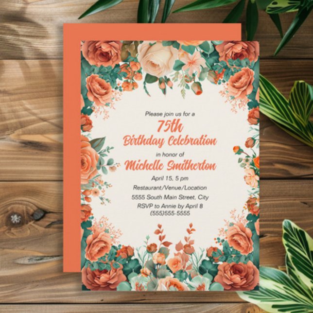 Invitation Aquarelle verte de la Monnaie Orange Floral 75e an (Orange watercolor floral 75th birthday party invitation for women,)