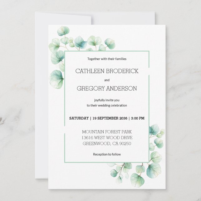 Invitation Aquarelle verte douce Eucalyptus Mariage Feuille (Devant)