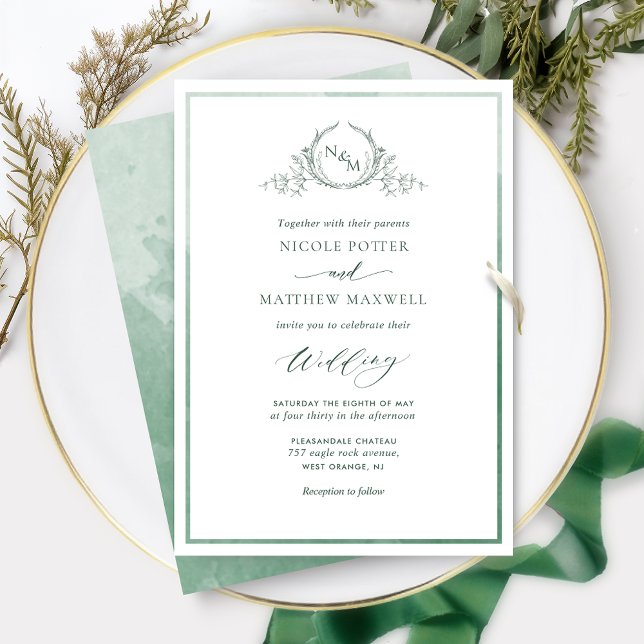 Invitation Aquarelle verte, Élégant Mariage Monogramme Invita (Créateur téléchargé)