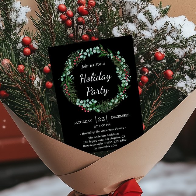 Invitation Aquarelle verte Élégante fête de Noël Noir (Créateur téléchargé)