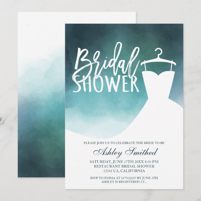 Invitation Aquarelle verte élégante robe chic Douche nuptiale (Devant / Derrière)