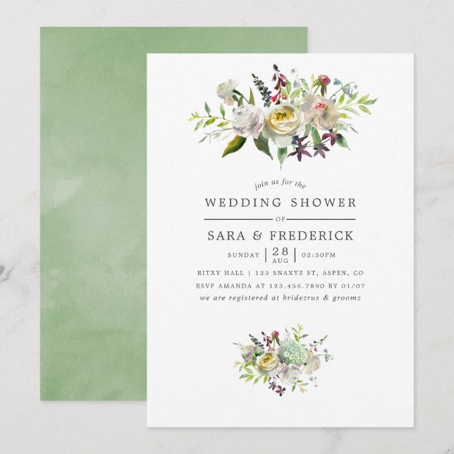Invitation Aquarelle verte et blanche Wedding shower floral (Devant / Derrière)