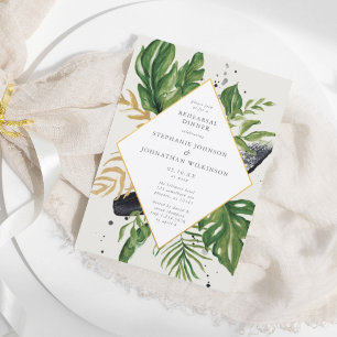 Invitation Aquarelle verte et dorée Répétition Mariage tropic