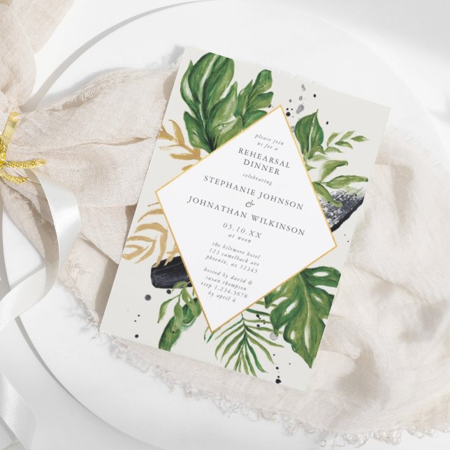 Invitation Aquarelle verte et dorée Répétition Mariage tropic (Green & Gold Watercolor Tropical Wedding Rehearsal Invitation)