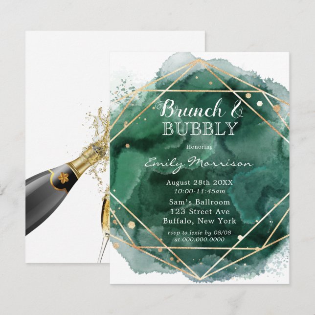 Invitation Aquarelle Verte Et Or Brunch & Bubbly (Devant / Derrière)