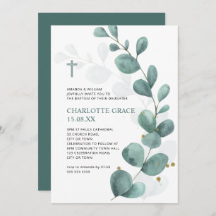 Invitation Aquarelle verte et or Eucalyptus Baptême