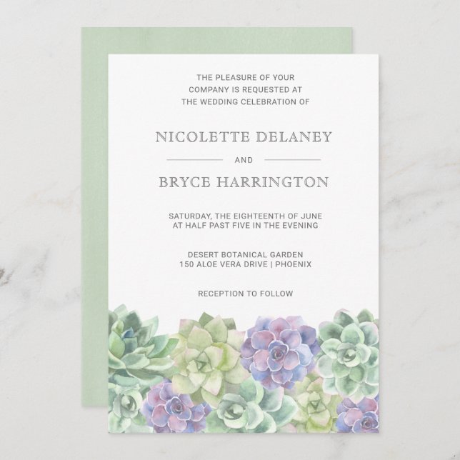Invitation Aquarelle verte et violette Mariage Succulent (Devant / Derrière)