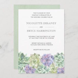 Invitation Aquarelle verte et violette Mariage Succulent