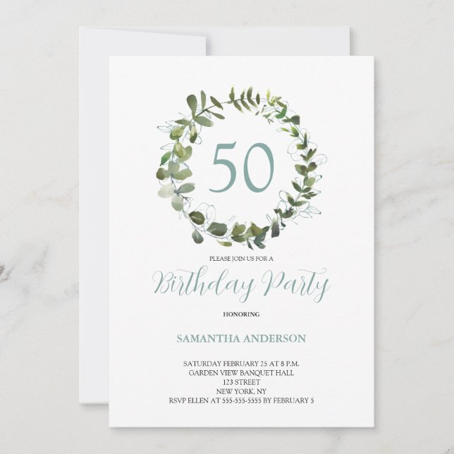 Invitation Aquarelle verte Eucalyptus 50e anniversaire (Devant)