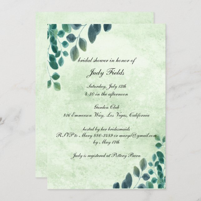 Invitation Aquarelle verte Eucalyptus Laisser Fête des mariée (Devant / Derrière)