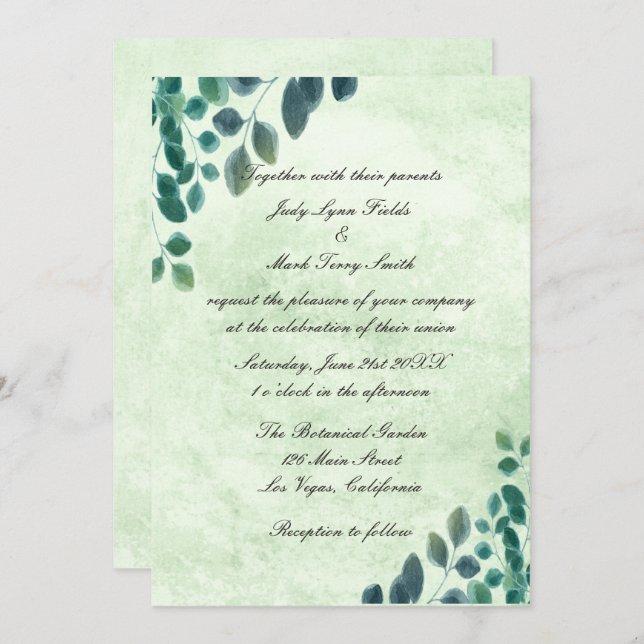 Invitation Aquarelle verte Eucalyptus Mariage Feuille (Devant / Derrière)