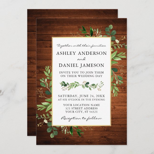 Invitation Aquarelle verte Eucalyptus Mariage photo en bois (Devant / Derrière)