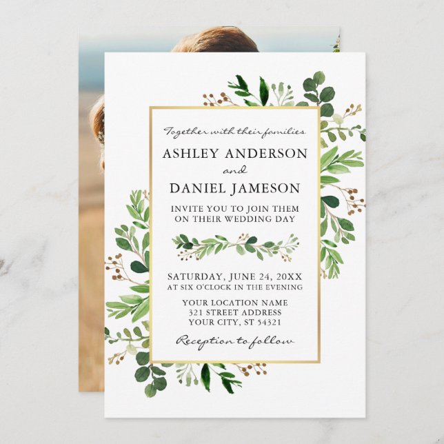 Invitation Aquarelle verte Eucalyptus Photo Mariage or (Devant / Derrière)