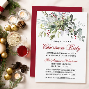 Invitation Aquarelle verte Fête de Noël aux baies rouges